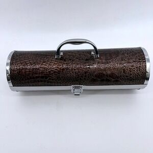 Brown Croc Embossed Cylindrical Hard Shell Wine Bottle Caddy - Case, Silver Trim